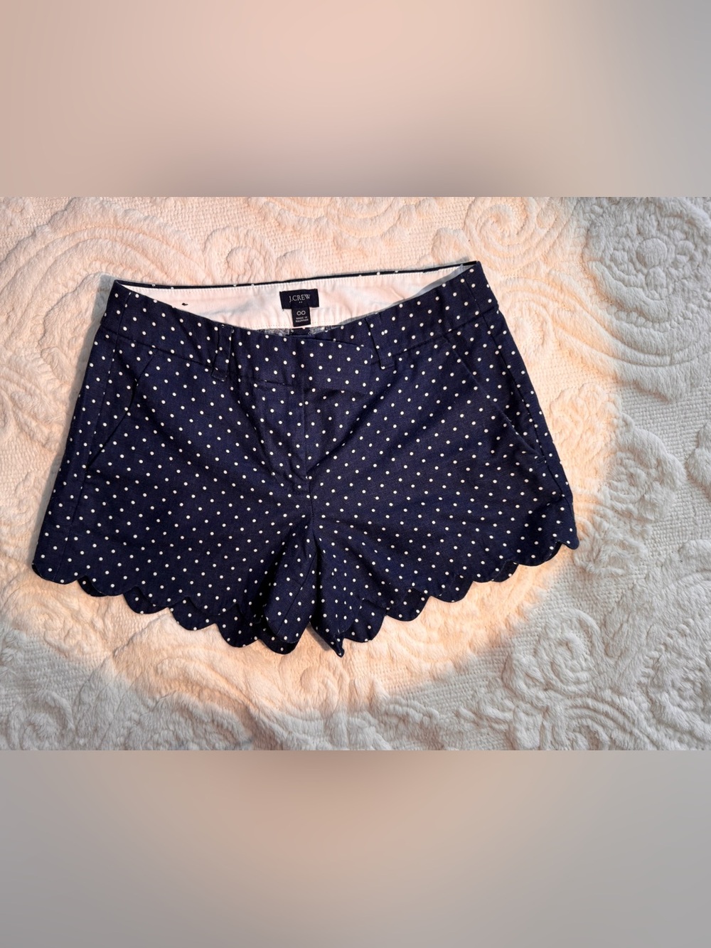 J. Crew Navy and White Polka Dot Scalloped Hem Shorts